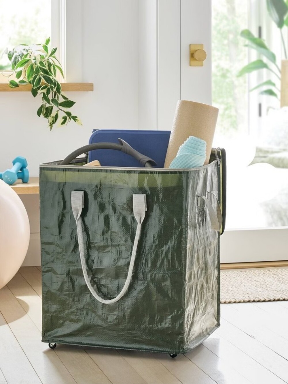 Large Olive Zipper Green Utility Tote with Gray Handles And Wheels Trolley